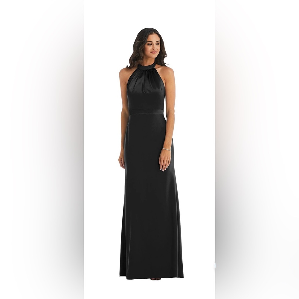 Black formal dress, halter neck.